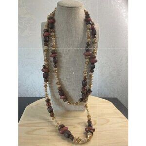 Brown Wooden Boho Beaded Necklace 29" Drop Multilayer Chunky Statement Jewelry